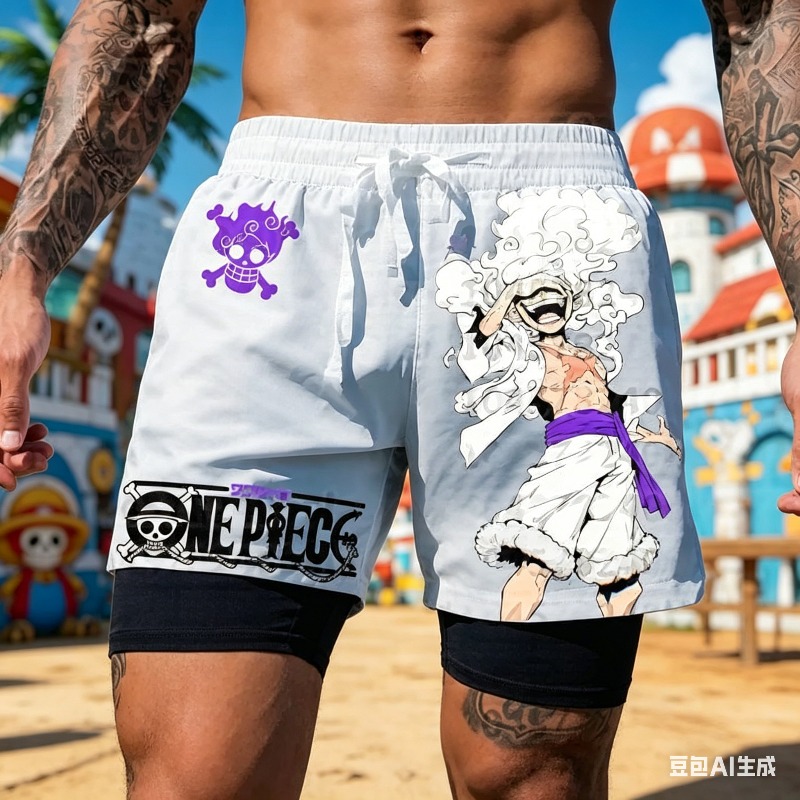 One Piece Straw Hat - One Piece Anime Weiße Doppellagige Laufshorts